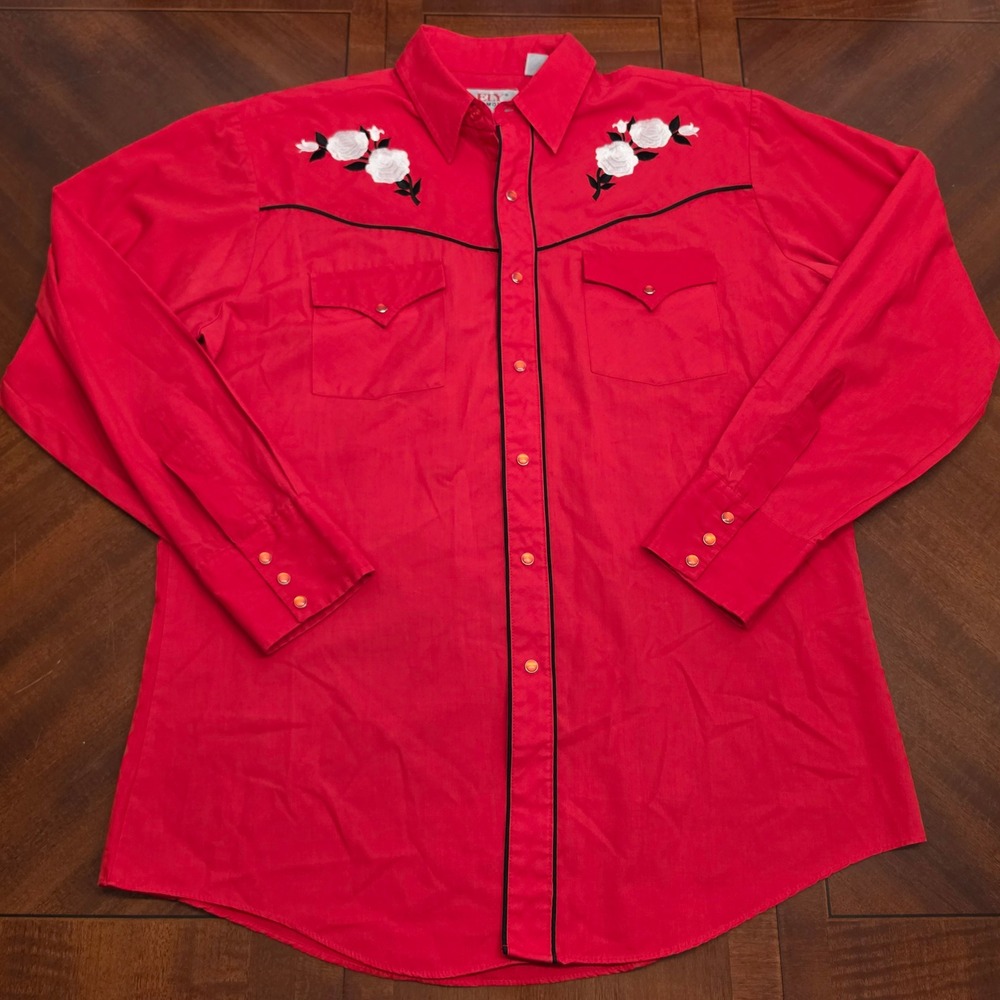 VTG Ely Diamond Western Shirt Mens L Red Floral Embroidered Pearl Snap Cowboy